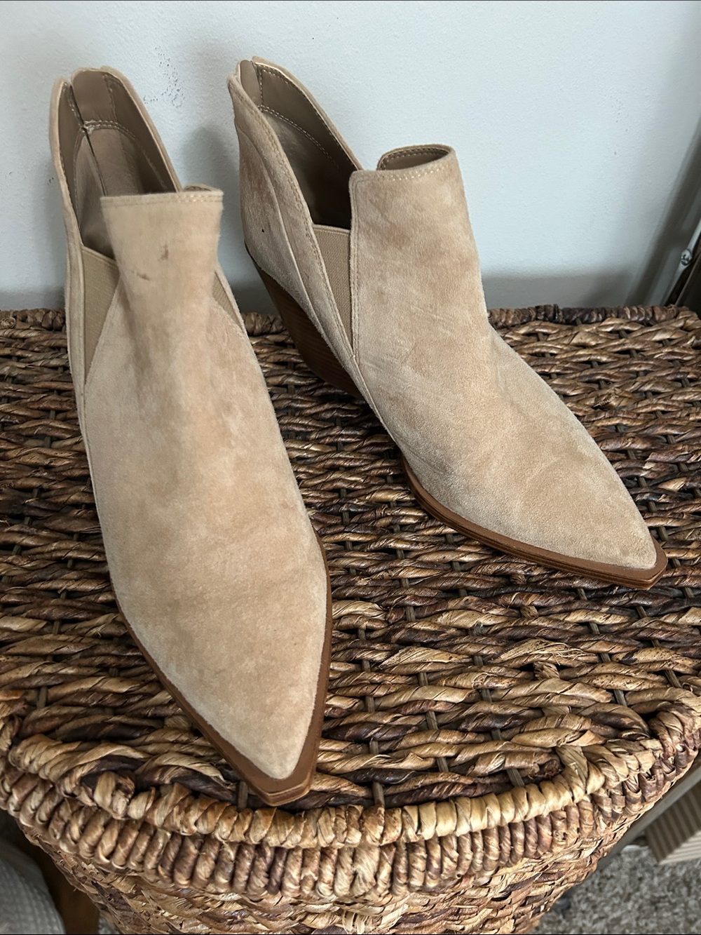 Vince Camuto Beige Suede Pointed-Toe Wedge Booties